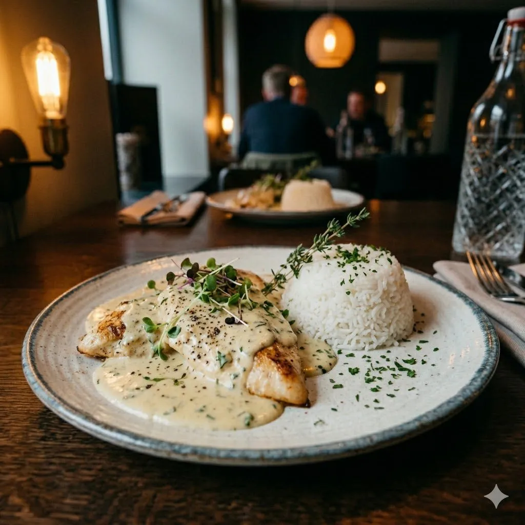 Chicken fillet in creamy sauce with rice
